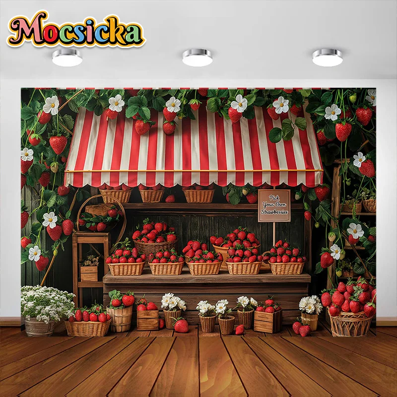 Mocsicka التصوير خلفية الأحمر الفراولة مخزن بالون الديكور خلفية لاستحمام الطفل الوليد حفلة عيد ميلاد الدعائم