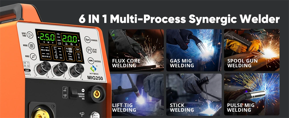 HITBOX MIG250 Aluminium-Puls-MIG-Schweißgerät 220V 250 Ampere 6-in-1 ARC MMA Stick Gas/Gaslos MIG Lift TIG Spool Gun IGBT Inverter-Schweißmaschine Großes intelligentes Digitaldisplay 2T/4T Spot Multi-Prozess-Synergisch-Schweißgerät – Detail 2