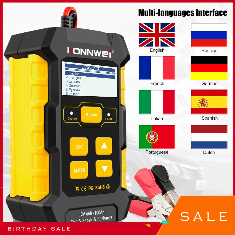 Konnwei Full-automatic Automobile Battery Tester, Pulse Repair, Charger Bracket, Dry Lead, Acid, Repair Tool, AGM Gel,