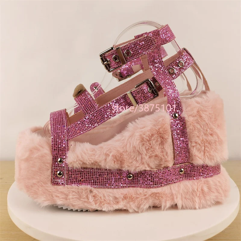 الوردي فاسق النساء الأحذية حزام باك منصة السيدات التمهيد مكتنزة عالية الكعب حذاء بوت بطول الكاحل السيدات كول إسفين امرأة أحذية نسائية للنساء #4