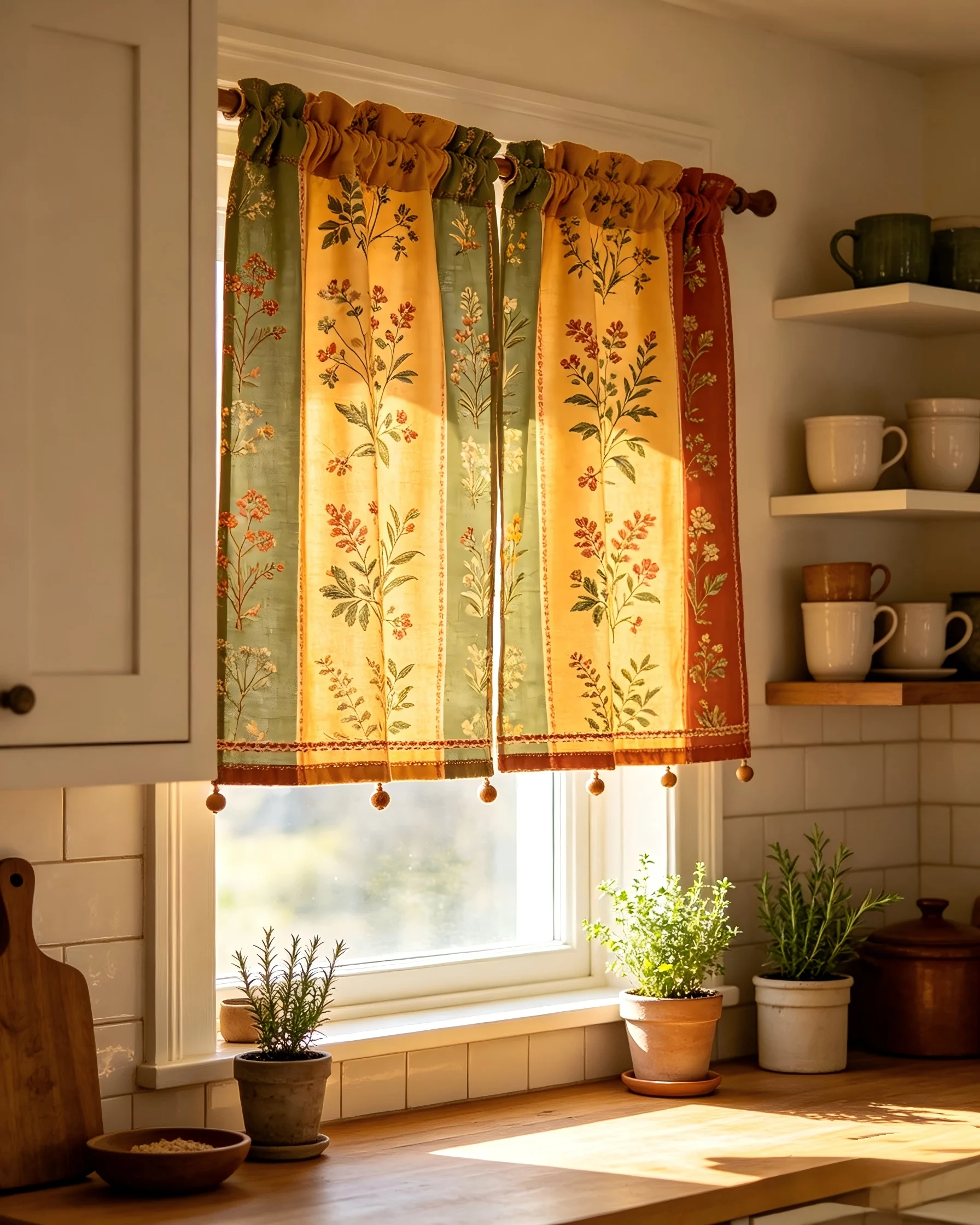 200413   Curcumin, olive green, brick red, cotton and linen plant printed curtains