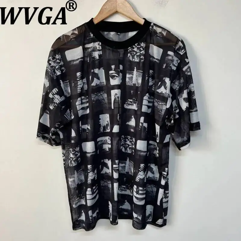 WVGA Summer New Men's Printed Semi-transparent Stretch Mesh Trendy Short Sleeve T-Shirt Niche Chic Casual O-Neck Tops Ins W24398