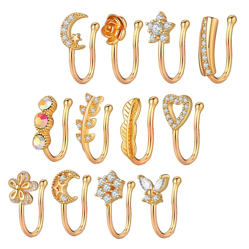 12pcs Zircon No Piercing Fake Ring For Women Party Ring Dance Nose Rings Performance Accessory Nose Decor
