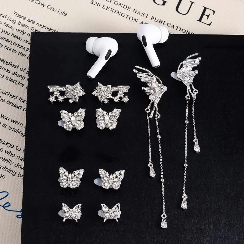 1 Pairs Fashion Rhinestones Ear Clips For Earphone Star Butterfly Shape Decorative Headphone Clip For Wireless Headphones