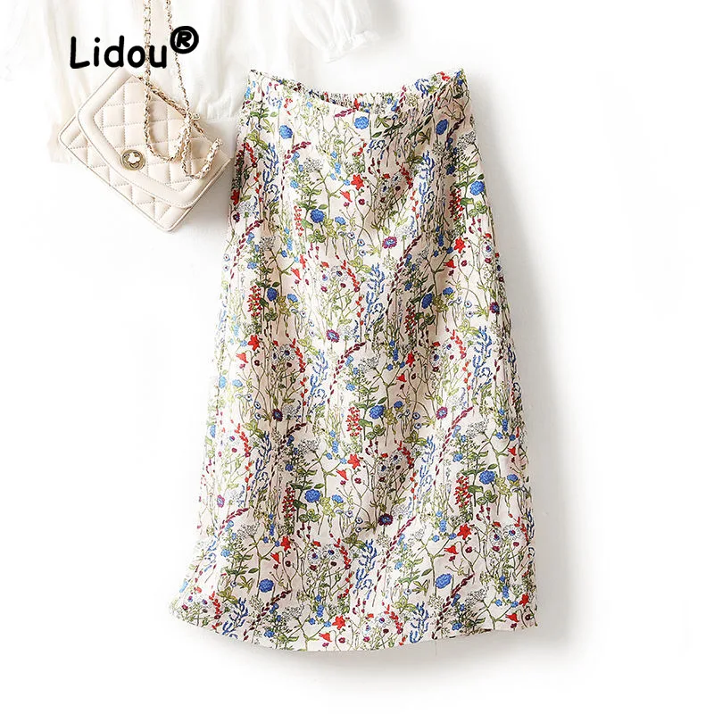 

Fragmented Chiffon Half-length Skirt Women's New Mid Length High End Feel Slim Printing Split Lady all-match A-line Skirt