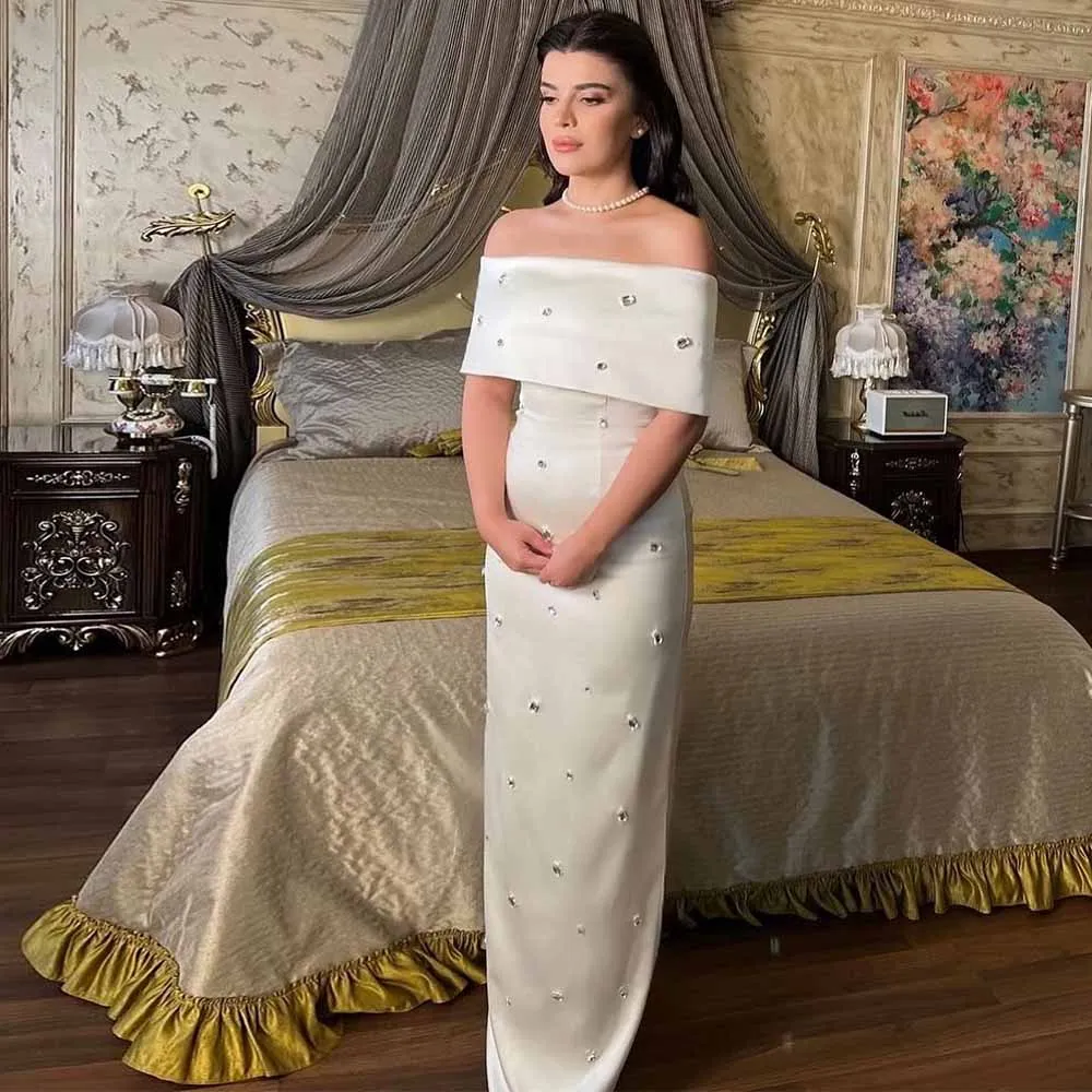 Dubai Wedding Guest Dresses Satin Sheath/Column Wedding Party Dresses Ivory Off-the-shoulder Rhinestones/Crystals Bridal Gowns