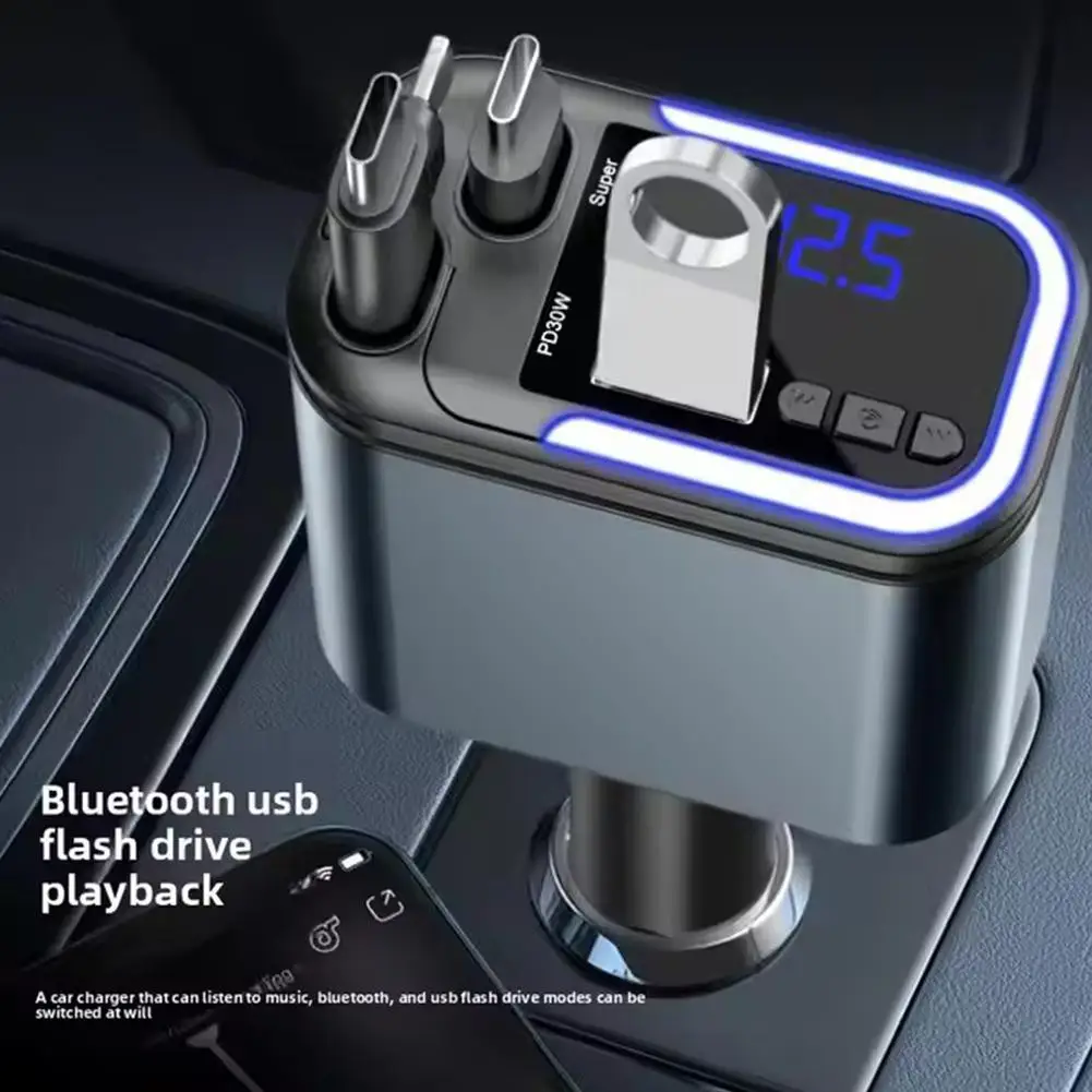 

5-In-1 180W Bluetooth Car Super Fast Charger With Retractable Cable Car Phone Charger Handsfree Call U-disk Aux with LED Light