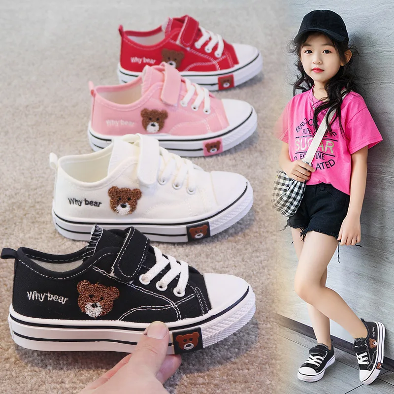 Kids Girls Canvas Shoes New Boys Board Shoes Cartoon Bear Children Cloth Shoes Little Girl Students Soft Bottom Casual Sneakers