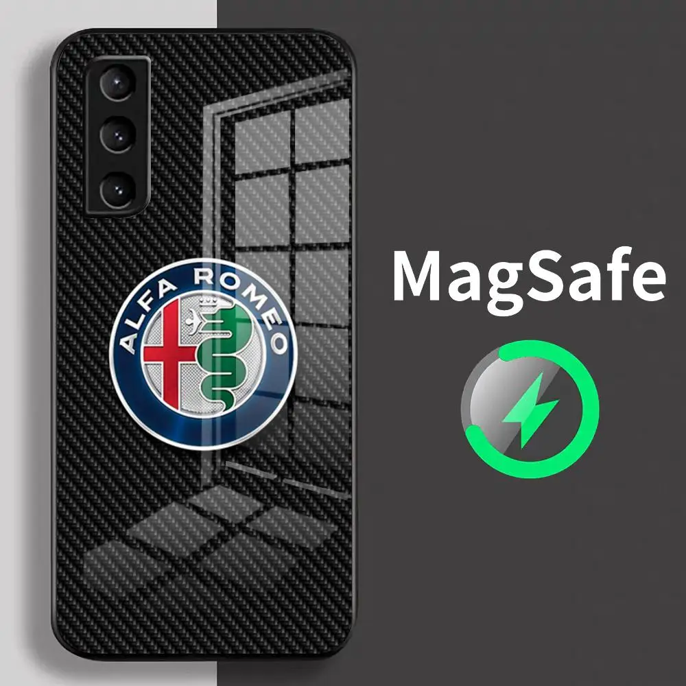 A-Alfa-A Romeo Luxus Auto Handytasche für Samsung S25 S24fe S23 S22 S21 S20fe N20u Ultra Plus Magsafe Glas Handytasche