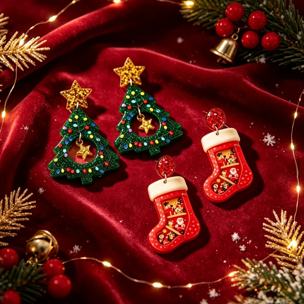 Cute Christmas Dangle Earrings Glitter Christmas Tree & Stocking Acrylic Drop Earrings Women's Xmas Holiday Party Jewelry Gift