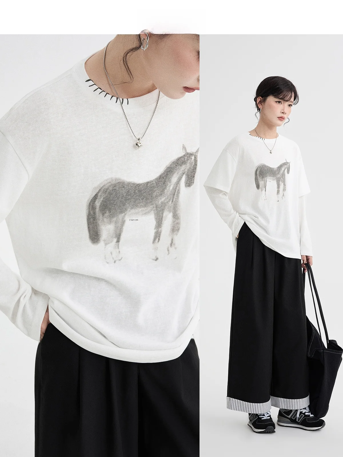 

Повседневный длинный топ-футболка женский, весенний, новый, свободный, с круглым вырезом, с принтом, комплект из двух предметов, удобный, повседневный, модный