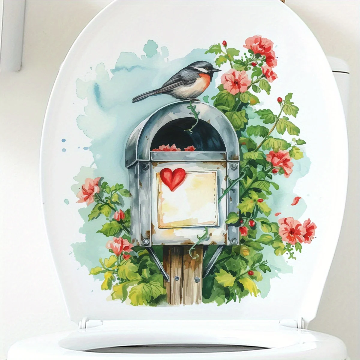 Watercolor Colored Mailbox Bird Flower Plant Toilet Stickers Removable for Bedroom Living Room Nursery Decoration Wall Decals