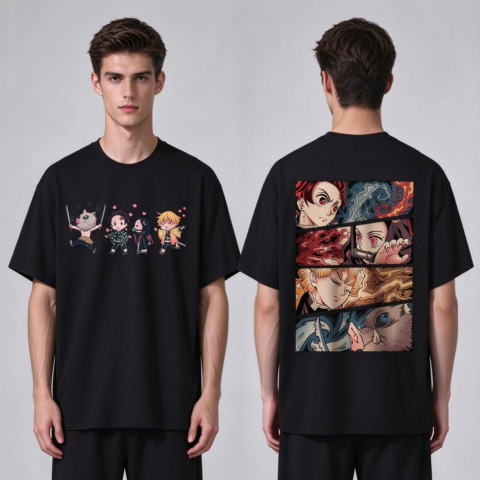 Anime T-shirt Double Sided Print  Panel Oversized Tee Men Women Casual Streetwear Summer Short Sleeve T Shirt Popular Top