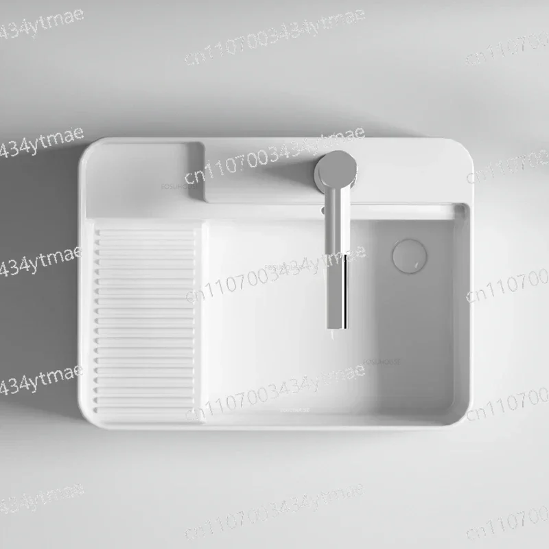 Ceramic Countertop Basin Bathroom Sinks Washing Machine Cabinet Side Drain Washbasin with Washboard Balcony Small Size Washbasin