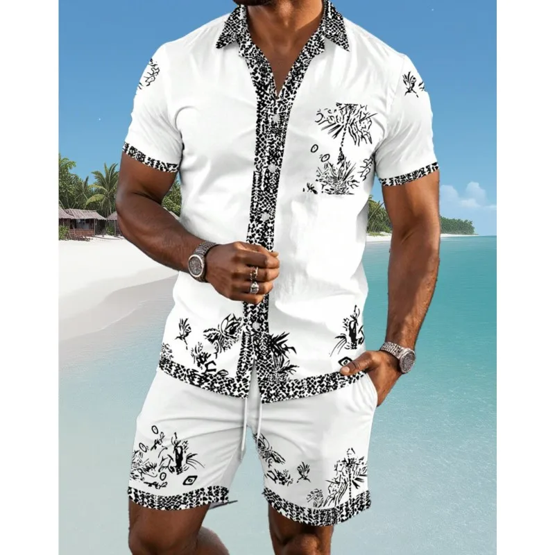 

2025 Summer Men Hawaiian Style Palm Tree 3d Printed Sleeve Button Shirt And Drawstring Shorts 2 Piece Set For Leisure Vacation
