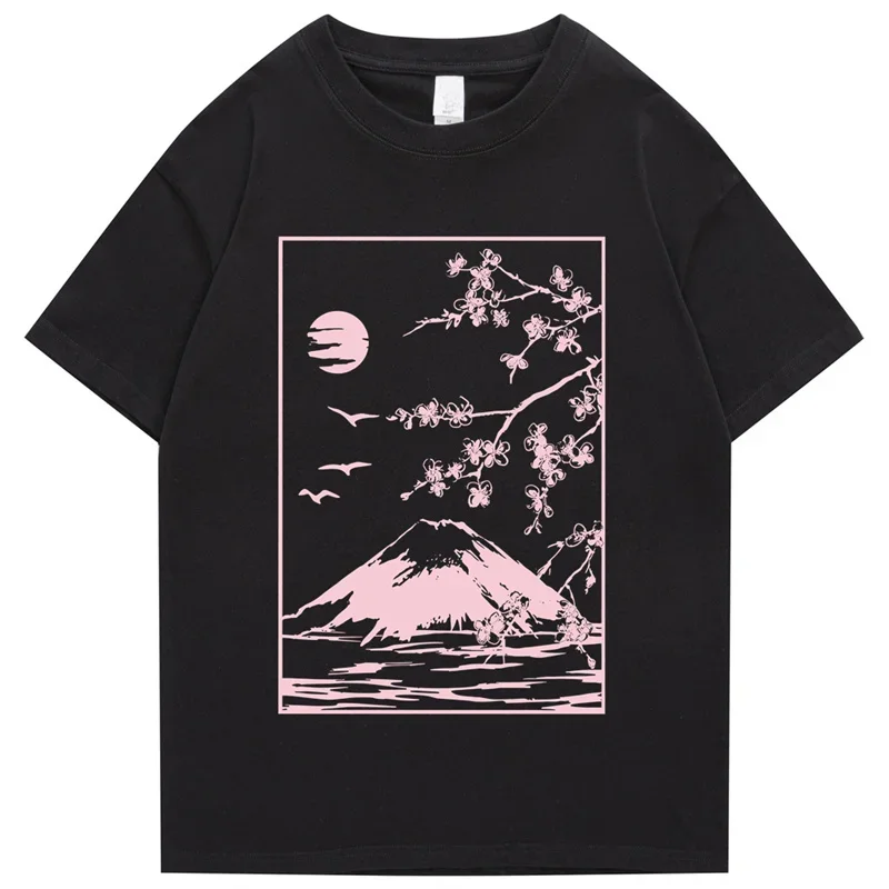 Tokyo Sakura Mount Fuji Business Card T Shirt Women Fashion Tee Clothing Cotton Summer Casual Tops Hip Hop Loose Cotton T-Shirt