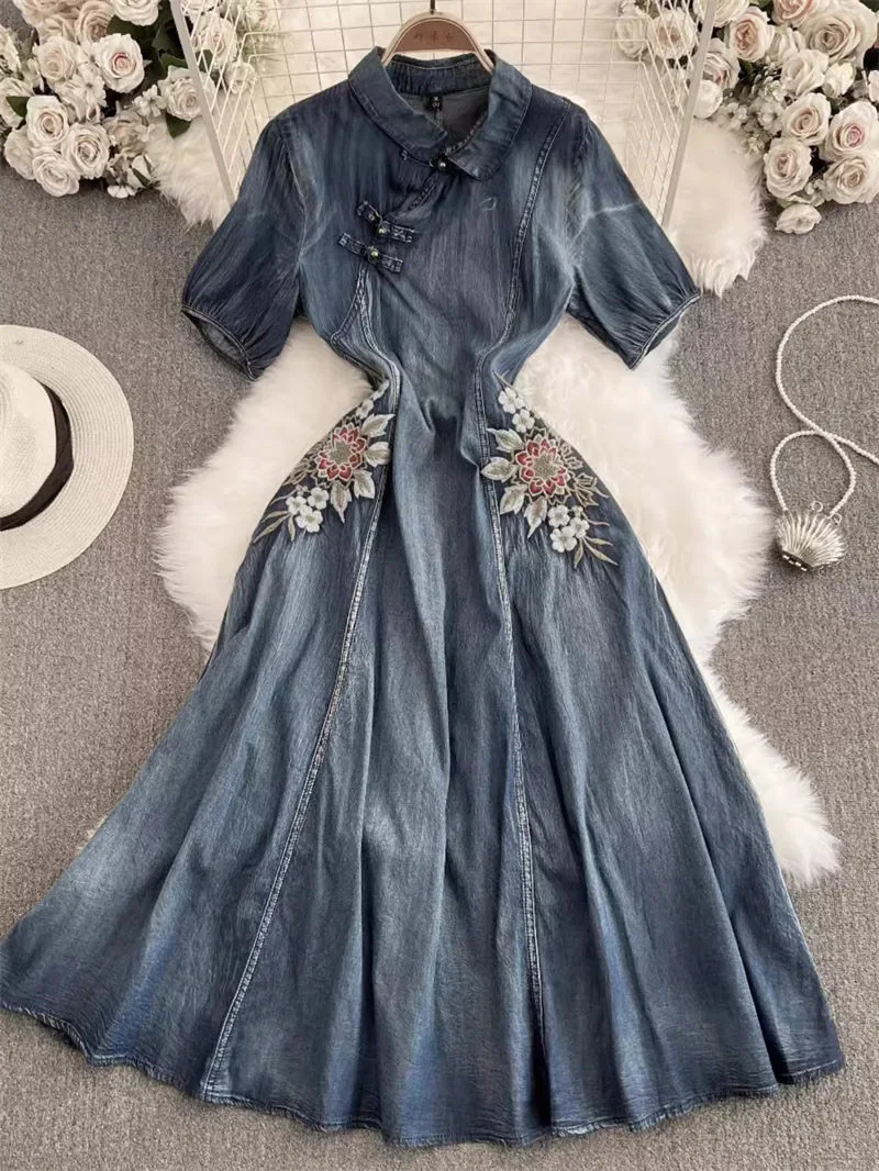 

2024 Summer New Handmade Buckle Retro Embroidery Lapel Long Dress Improved Version Cheongsam Temperament Denim Dress K2060