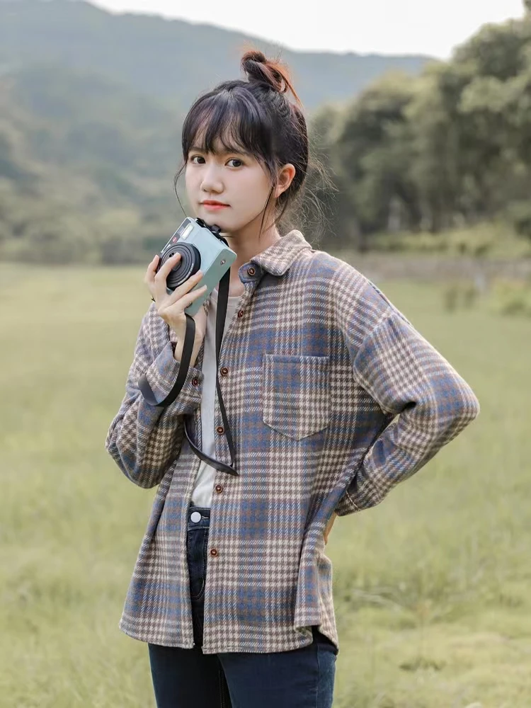 

Женская верхняя одежда в клетку Thiened Long Sve в стиле ретро, универсальный дизайн, корейская смесь хлопка для поездок на работу