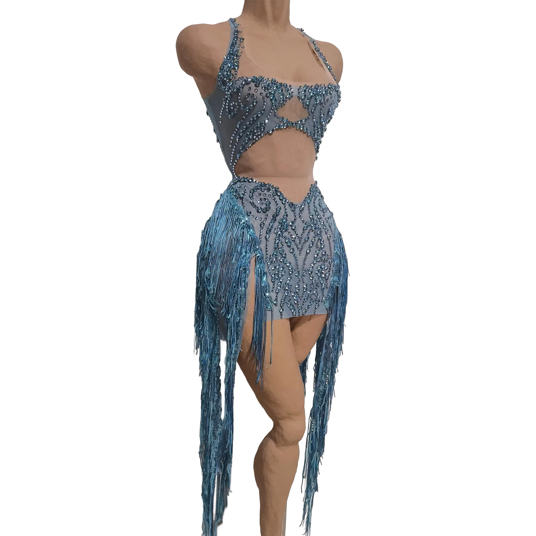 

Shuiling Womens Sexy Turquoise Rhinestone Fringe Two Piece Dress Cutout Sheer Mesh Bodycon Party Club Stage Performance Outfit