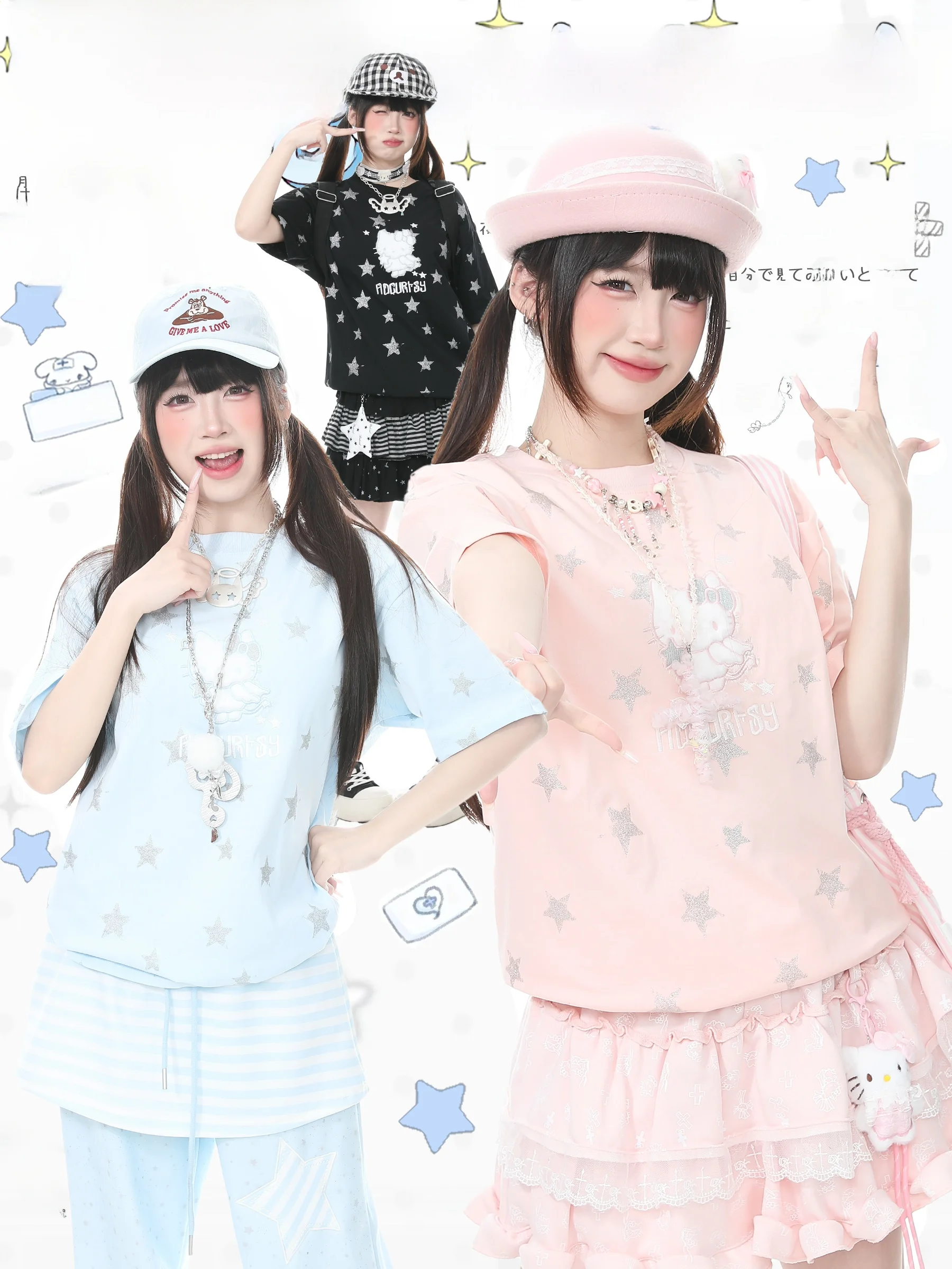 

Летняя женская футболка с коротким рукавом, с принтом звезд, круглым вырезом, в милом стиле, из хлопка, повседневная, универсальная, синяя, модель Ghost Park