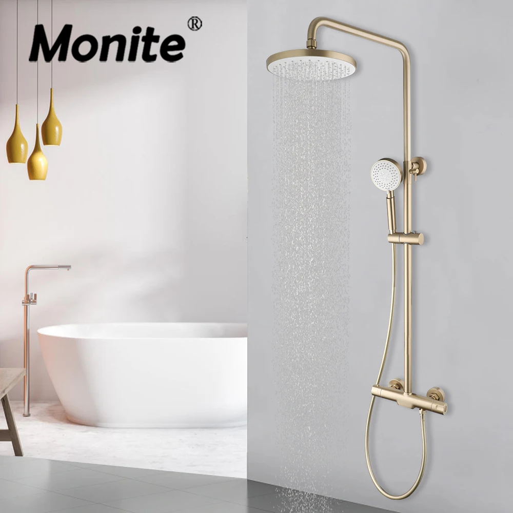 Monite Thermostatic shower set BathroomBrushed Gold Wall Mounted Rotation Handles 3 Water Outlets W/ Bidet Faucet Hot Cold Taps