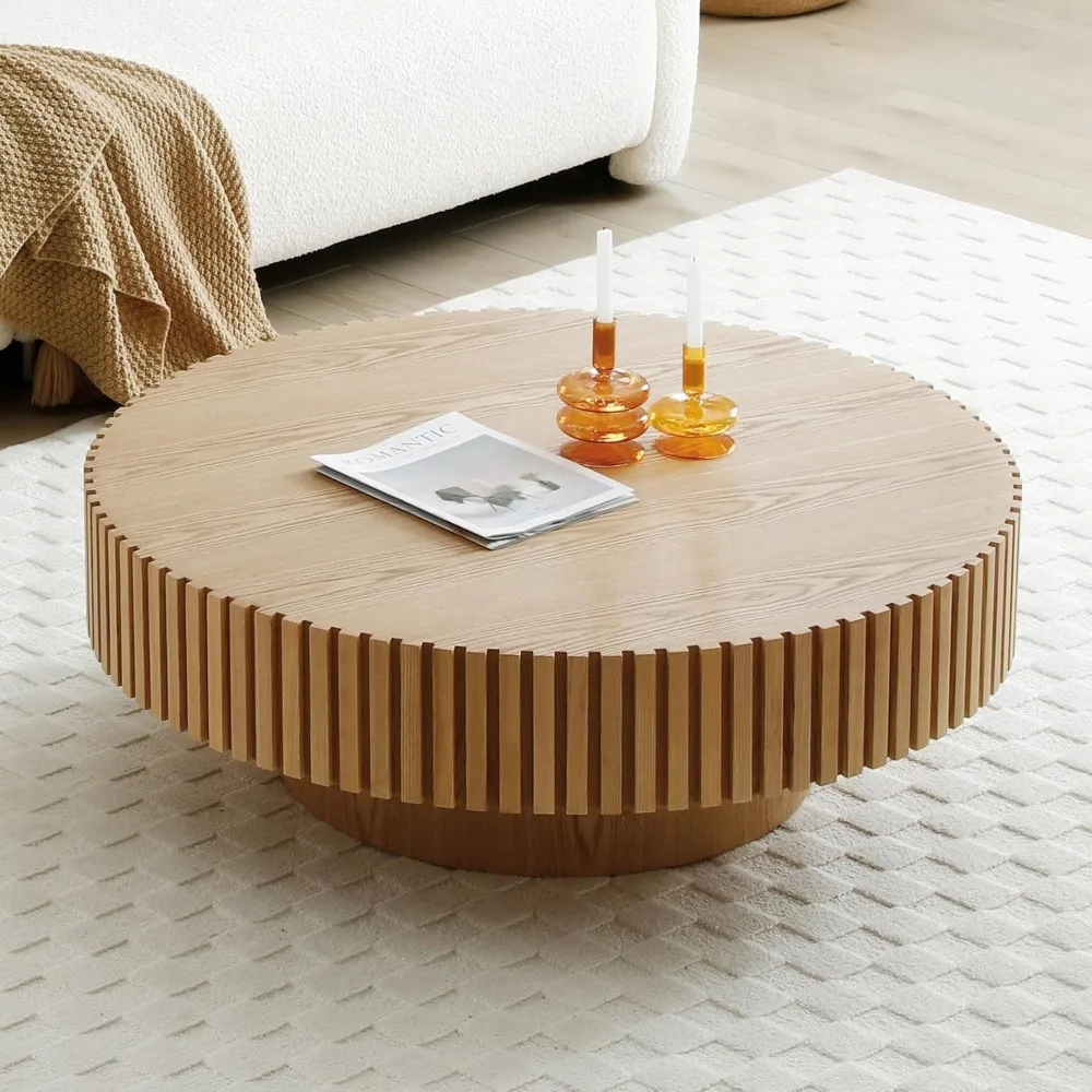 Modern Farmhouse Style Oak Coffee Table, 39.4 Round with Hand-Carved Details for Living Room