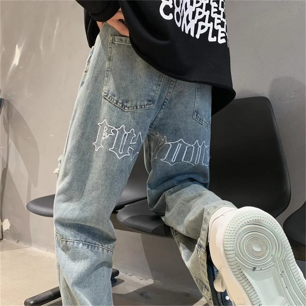 High Street Ripped Jeans Mannelijke Ins Tide Merk Hip-Hop Wijde Broek Zomer Dunne Gedeelte Straight Losse casual Oude Broek Mannen