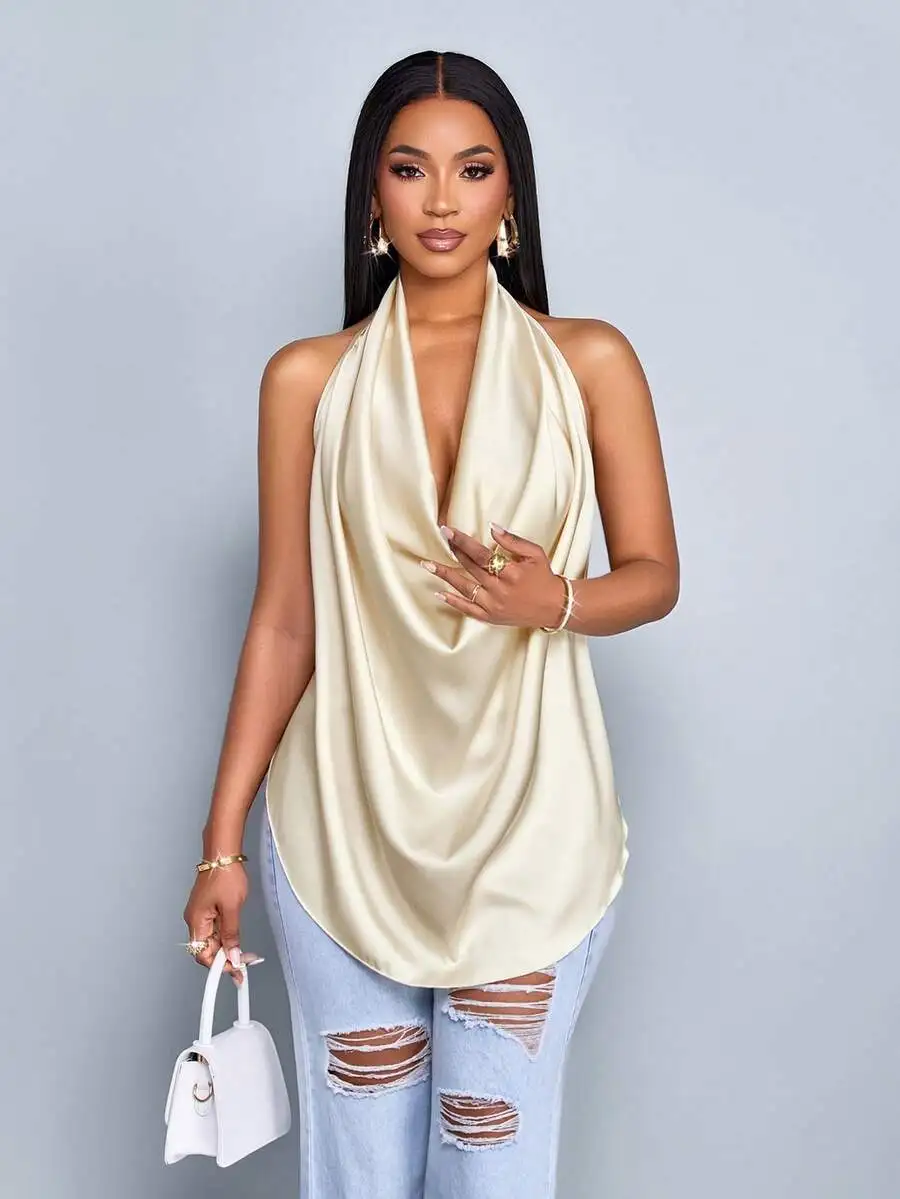 

Cream Satin Halter Neck Deep V-Neck Loose Top with Curved Hem