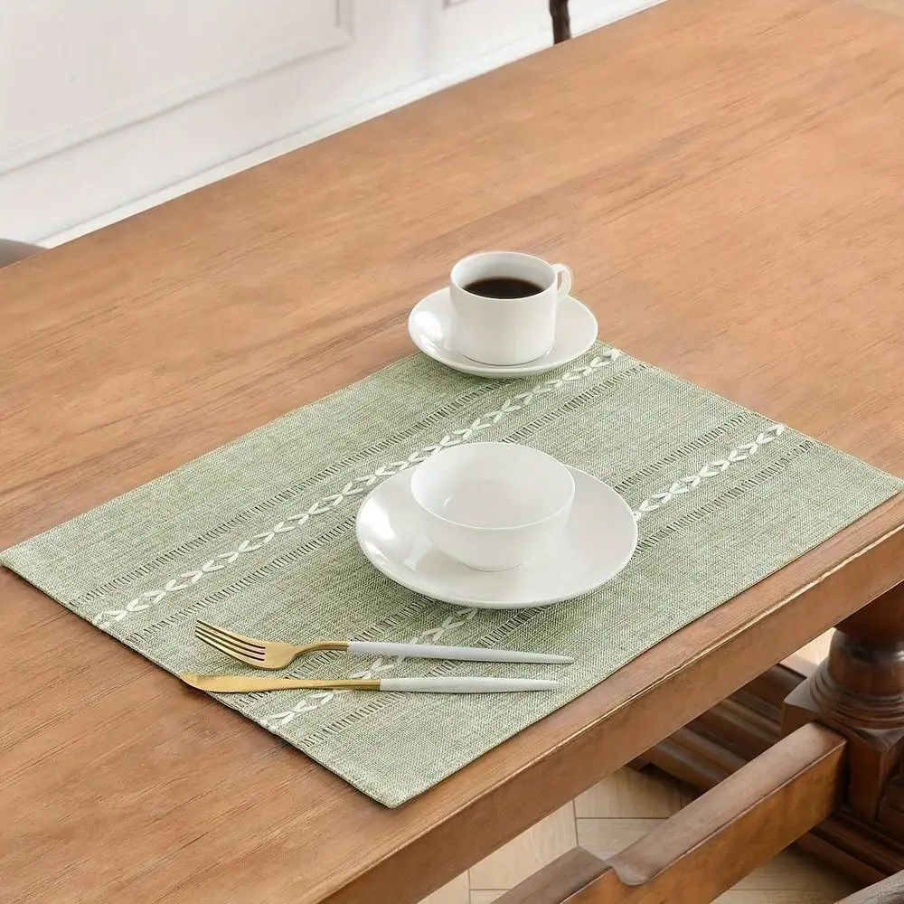 Fresh Green Linen Table Mats Handwoven Rectangular Placemats With Intricate White Patterns, Ideal For Dining Room And Home Deco