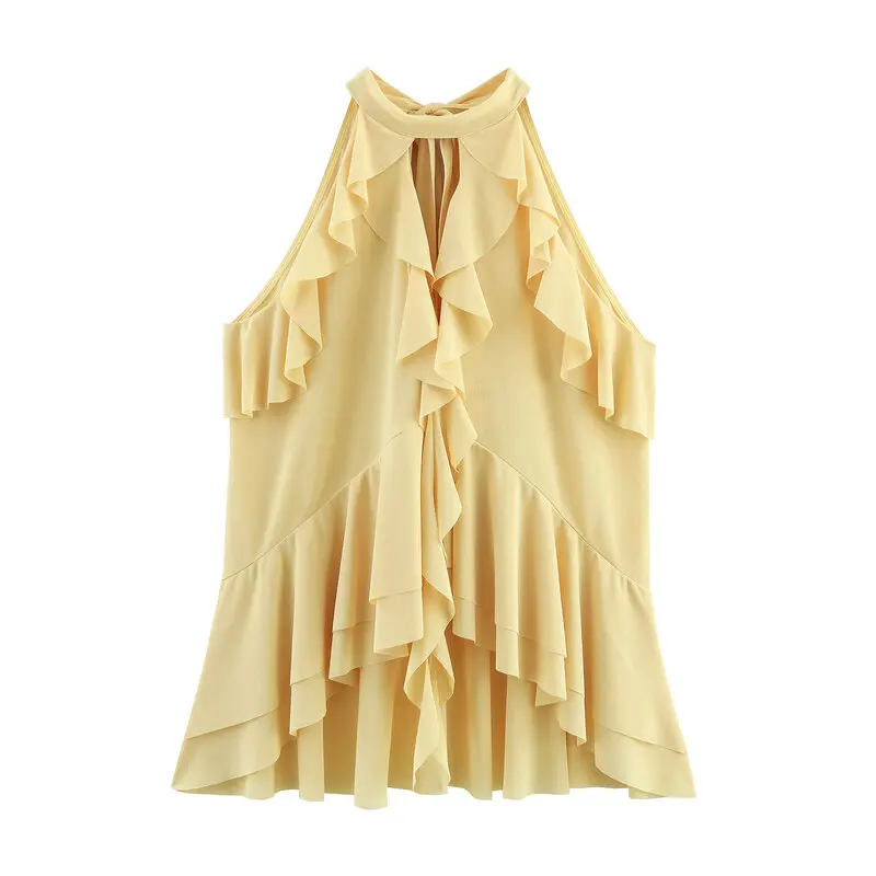 

Summer 2025 New Women's Faion Knot Neline Layered Decoration Top Straight Cut Svel Regular Length irt