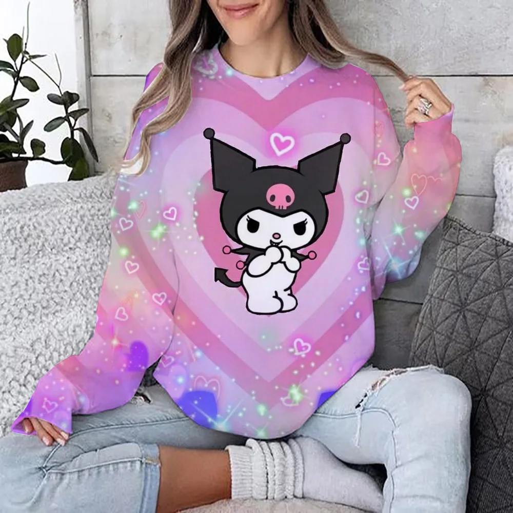 Women's Hello Kitty Coulomi Printed Sweatshirt, High Street Women's Hoodie, Y2K Pattern Clothing, Casual Round Neck Sweater