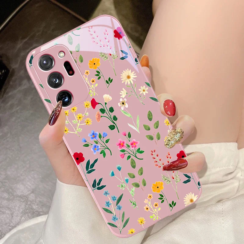 Tempered Glass Phone Case for Samsung Galaxy Note 8 9 10 PRO 20 Ultra A01 02 03 Core 04E 4G A10 12 13 5G Colorful flowers