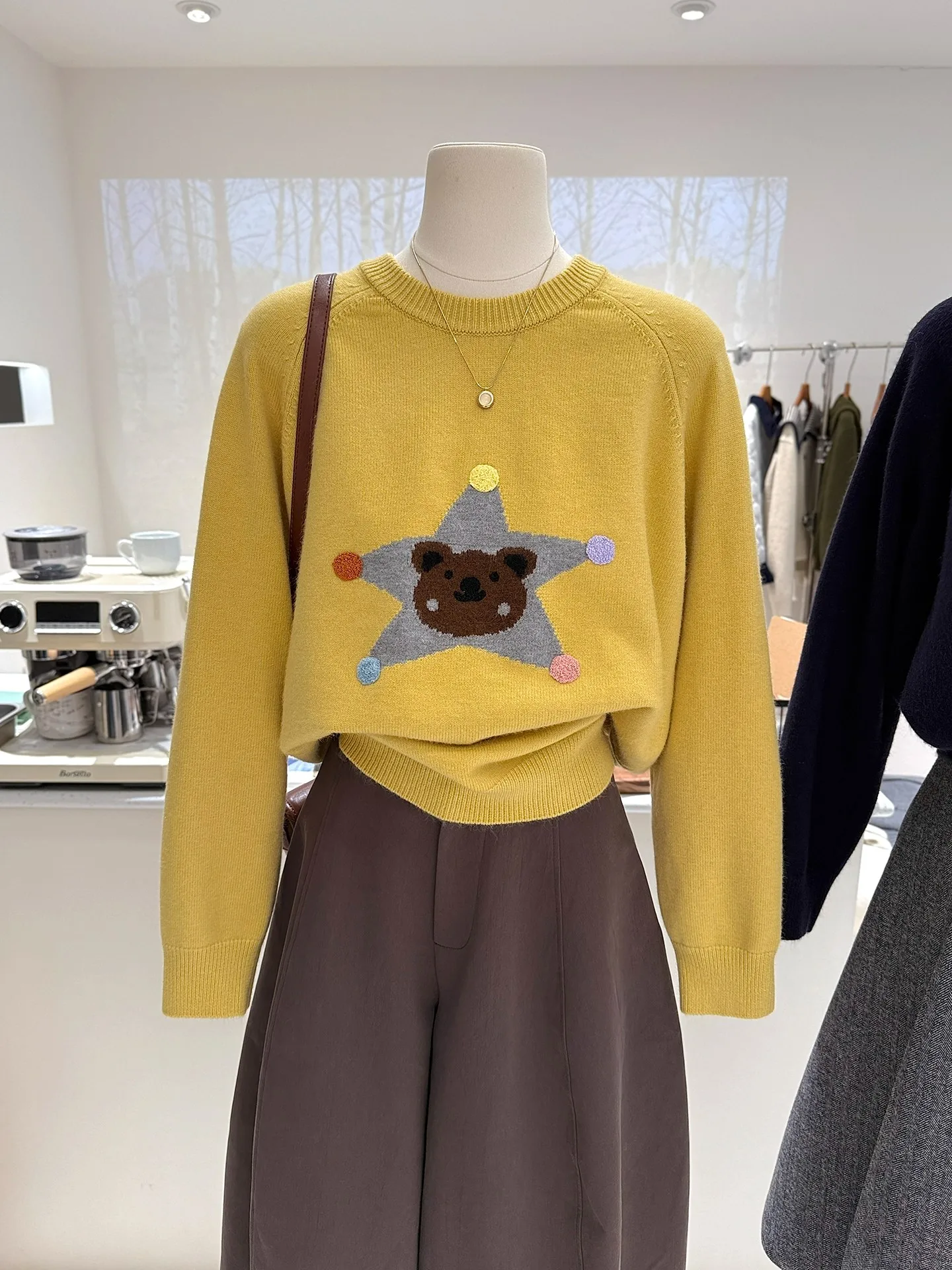 Retro Korean Sle Women's Knitted Sweater round Ne Loose Fit Soft Cozy Cartoon Bear Star Print Autumn Winter New Arrival