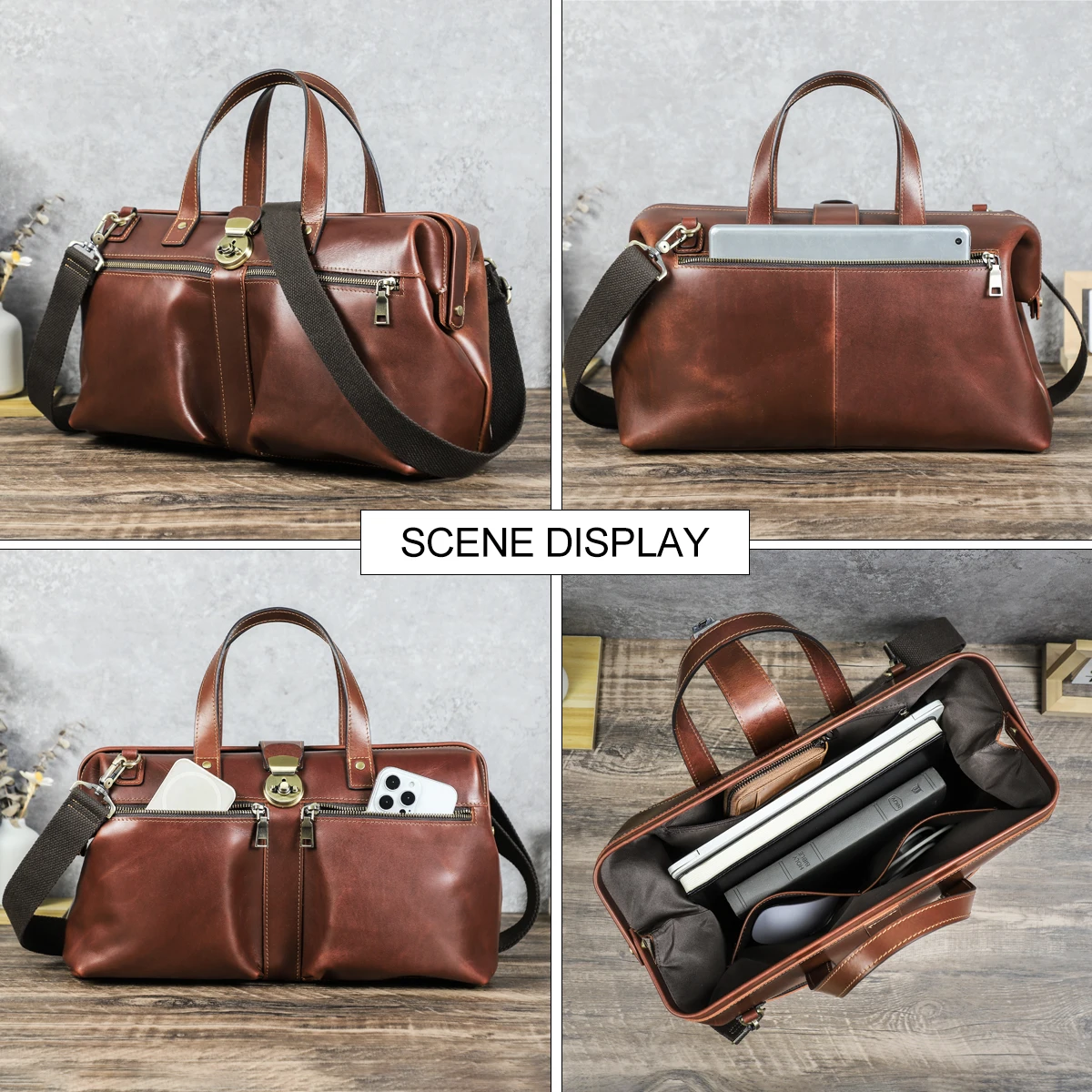 CONTACT'S Genuine Leather Business Bags for Men Mental Frame Briefcase Shoulder Bags Leather Portfolio Bag 14“ Tote Laptop Bags