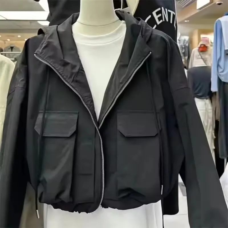 New Trendy Women Jacket Windbreaker Hooded Zip-up Coat Autumn Vintage Outwear Korean Harajuku Cropped Basic Coat Streetwear