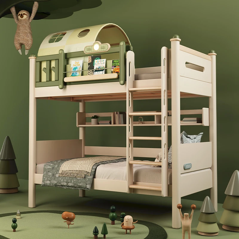 

Вверх и вниз из массива дерева с двухъярусной кроватью в том же ширины, кроваткой для матери и ребенка, верхней и нижней параллельной кроватью для небольшой квартиры.