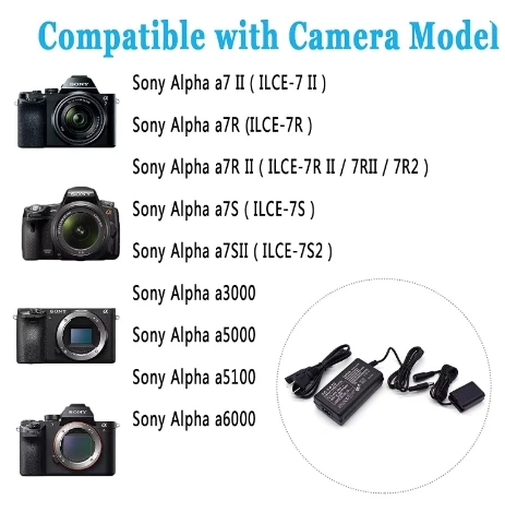 Sonyカメラ用AC電源アダプター,NP-FW50,ダミーバッテリーキット,Sony, Alpha,a5100,a6000,a6100,a6300,a6400,a6500,ZV-E10,a7,a7r,AC-PW20