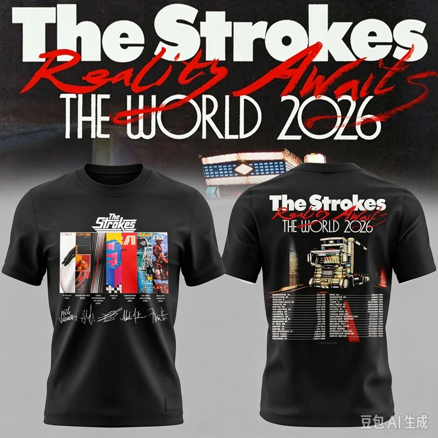The Strokes Reality Awaits The World Tour 2026 Double Sided T-shirt, Retro Indie Rock Band Poster Print Casual Short Sleeve Tee