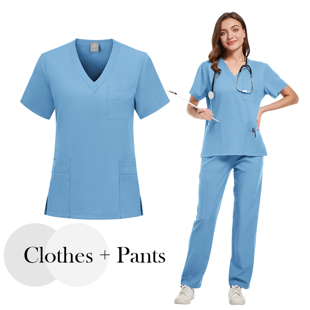 Nieuwe Verpleegkundige Uniformen Elasticiteit Tops Broek Vrouw Man Scrubs Set Rechte Broek Tandheelkundige Ziekenhuiskliniek Werkkleding Medische Uniformen