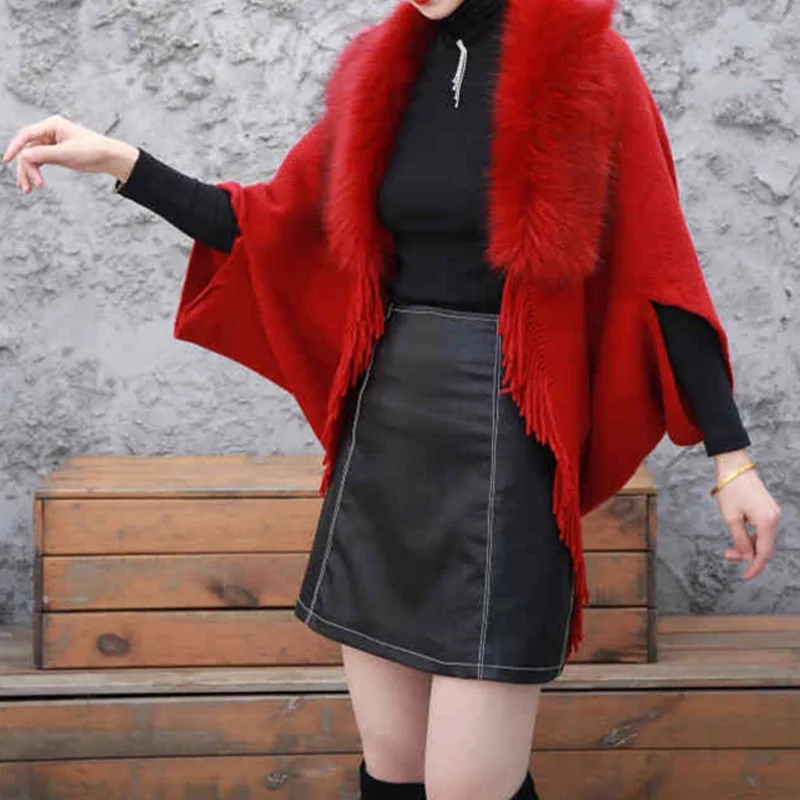 Women Autumn Winter Imitation Cashmere Shawl Scarf Lady Elegant Faux Fur Collar Capes Tassel Wraps Cloak Poncho Short Coat