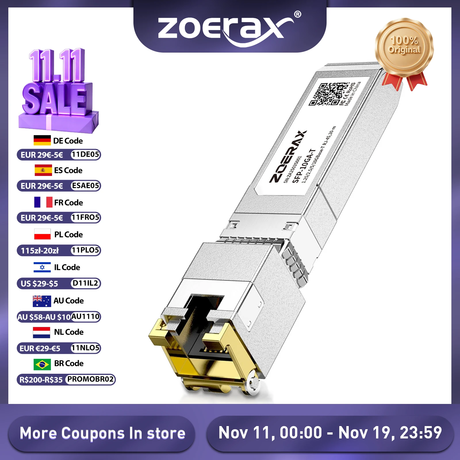 ZoeRax 10/2.5/1.25G Fibra SFP+ a RJ45 Módulo de Cobre Módulo Transceptor Ethernet Compatible con Conmutador Ethernet Cisco/Mikrotik