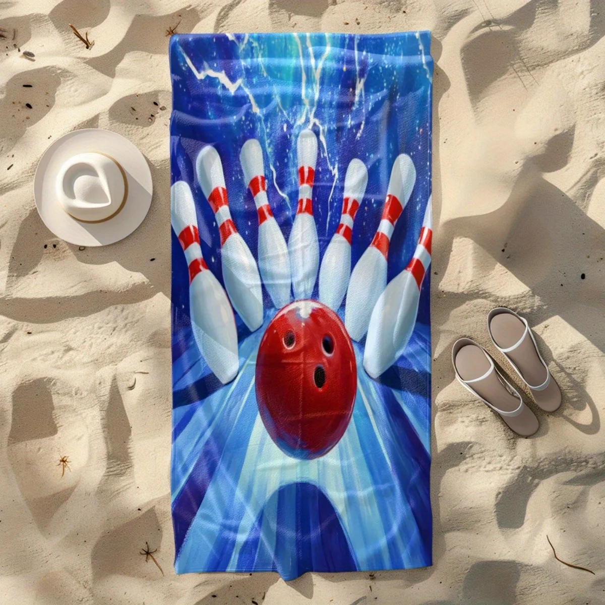 Bowling Beach Towel - Strike Ball & Pins Print, Blue Lightning Design, Fun Sports Gift, Soft Microfiber, Multiple Sizes view 3