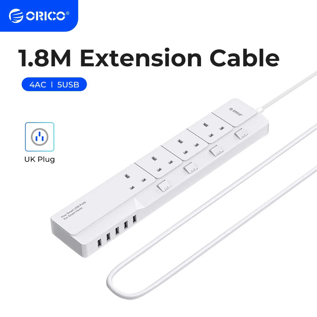 ORICO 4AC Outlets 5USB Ports Power Strip with Sub-control Switch 1.5M Extension Corde US Plug Smart Sockt USB Charging Port