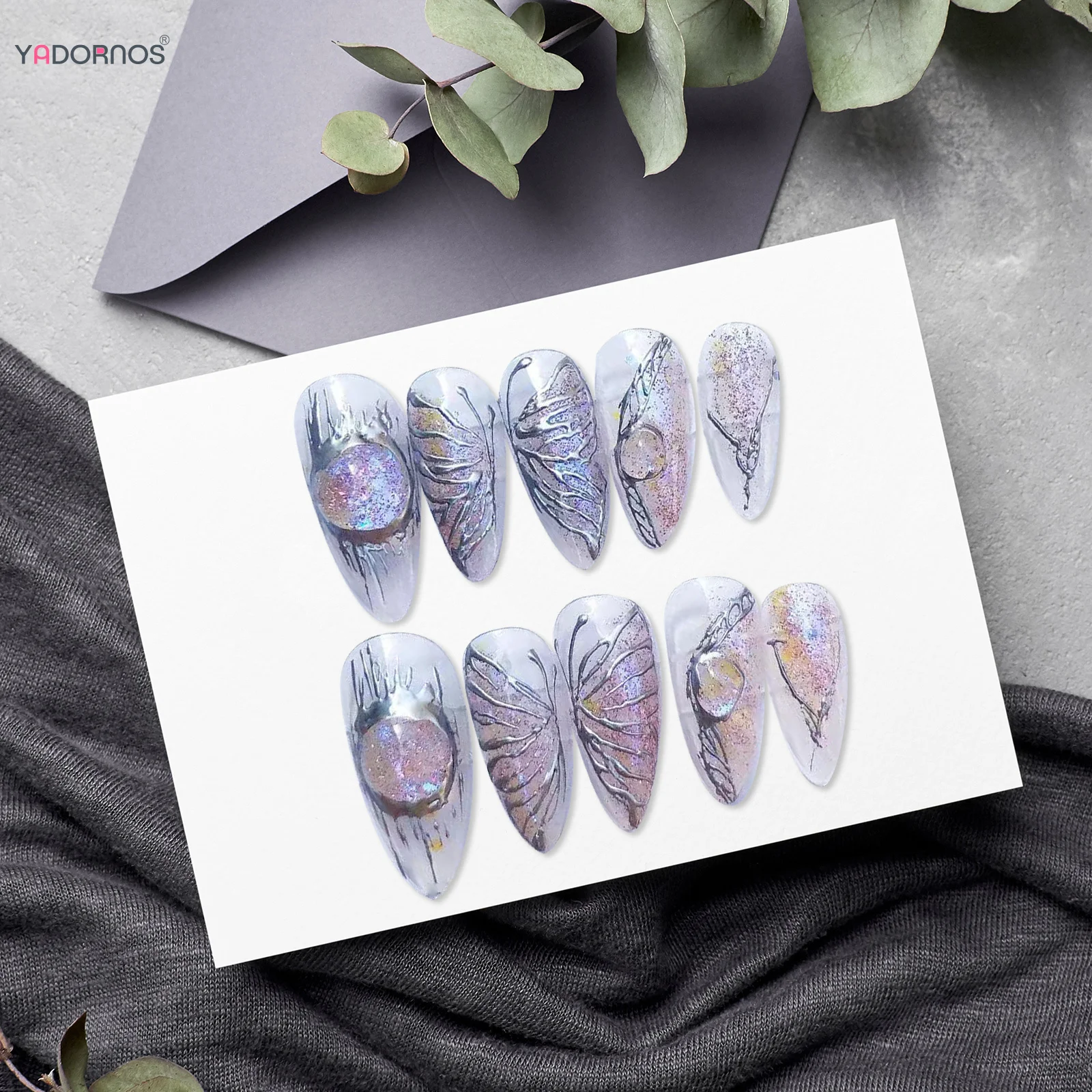 Kuku palsu buatan tangan, 10 buah kuku palsu buatan tangan dengan desain kupu-kupu perak, logam berat Almond, tekan pada kuku Glossy, kuku palsu yang dapat dipakai untuk wanita