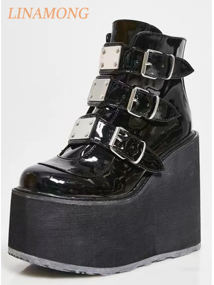 Picture 3: Thick Soled Belt Buckle Short Boots Black Punk Style Multiple Belt Buckles Rivets Thick Soled  Platform Boots