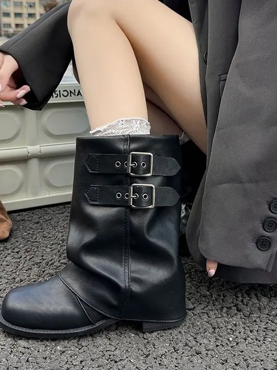 

Women's Motorcycle Boots Folded PU Leather High Heel Short Booties Fashionable Korean Style Winter Anti-Slip Shoes