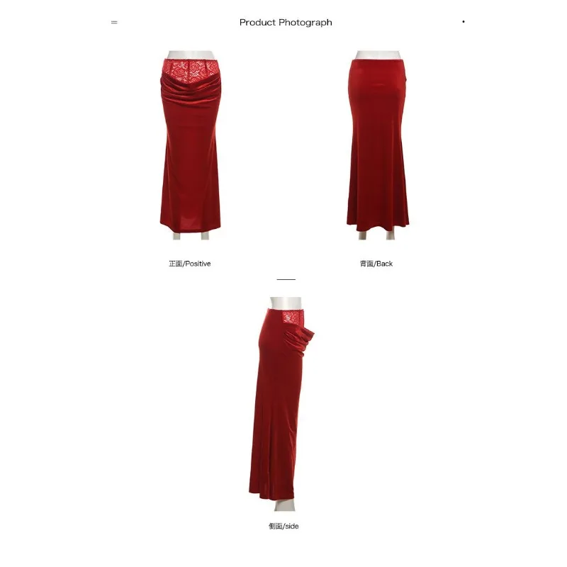 

Женская красная бархатная макси-юбка с кружевной отделкой на талии и драпировкой спереди