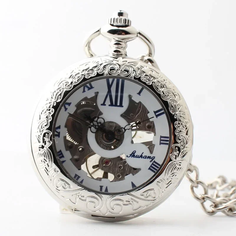 

Pendant Watch with Chain Steampunk Vintage Silver Mechanical Pocket Watches Personalised Gift reloj hombre