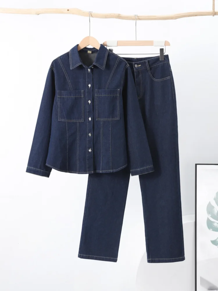 Casual azul denim casaco calças 2 peças conjunto lapela mangas compridas único breasted feminino solto plissado ternos superiores com bolso novo desgaste