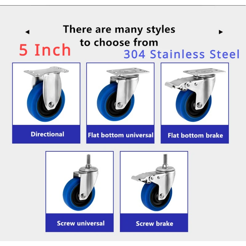 (4 Packs) 5 Inch 304 Stainless Steel Casters Medium Blue TPR Twin Shaft Rubber Universal Roller Silent Wheel Caster 330KG